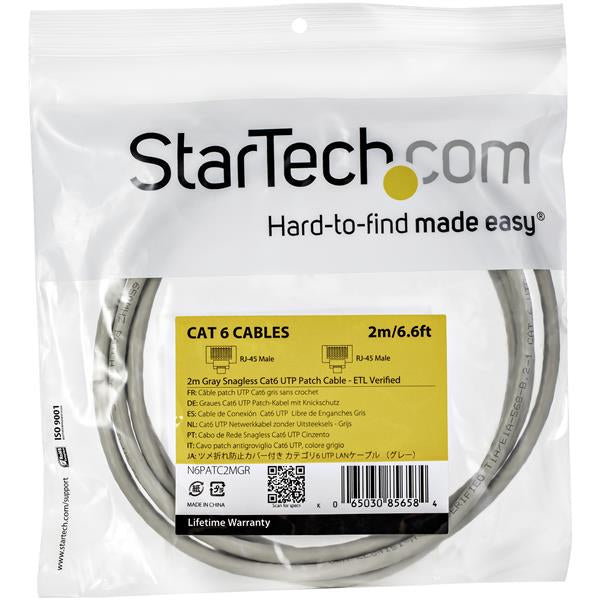 StarTech.com 2m CAT6 Ethernet Cable - Grey CAT 6 Gigabit Ethernet Wire -250MHz 100W PoE RJ45 UTP Network/Patch Cord Snagless w/Strain Relief Individually Tested, 2 m, Cat6, U/UTP (UTP), RJ-45, RJ-45, Grey