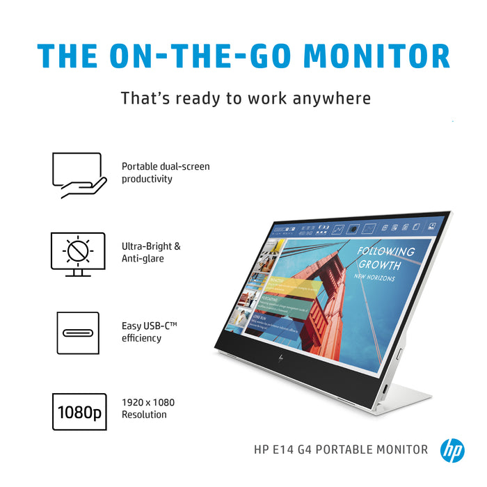 HP E-Series E14 G4 Portable Monitor, 35.6 cm (14"), 1920 x 1080 pixels, Full HD, LCD, 5 ms, Silver