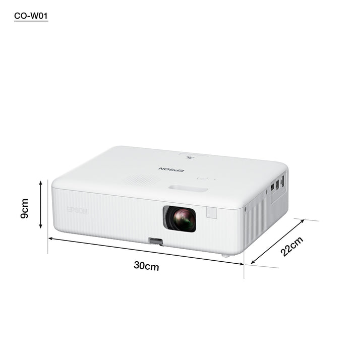 Epson CO-W01, 3000 ANSI lumens, 3LCD, WXGA (1200x800), 16:10, 838.2 - 9601.2 mm (33 - 378"), 0.9 - 10.4 m