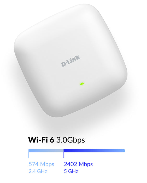 D-Link AX3000 Wi-Fi 6 Dual-Band PoE Access Point, 2.4 GHz, 5 GHz, 3000 Mbit/s, SNMP, SNMPv2, SNMPv3, WEP, WPA, WPA2, WPA3, 10,100,1000,2500 Mbit/s
