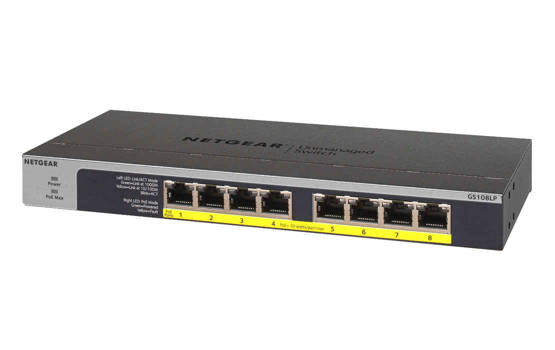 NETGEAR GS108LP, Unmanaged, Gigabit Ethernet (10/100/1000), Power over Ethernet (PoE), Rack mounting, 1U, Wall mountable