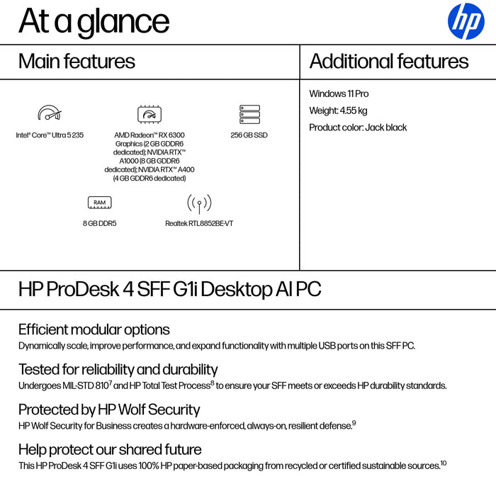 HP ProDesk 4 SFF G1i AI PC, Intel Core Ultra 5, 235, 8 GB, DDR5-SDRAM, 256 GB, Windows 11 Pro