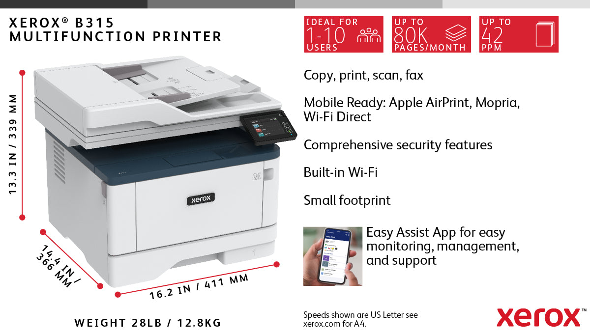 Xerox B315 A4 40ppm Wireless Duplex Copy/Print/Scan/Fax PS3 PCL5e/6 2 Trays 350 Sheets UK, Laser, Mono printing, 2400 x 2400 DPI, A4, Direct printing, Blue, White
