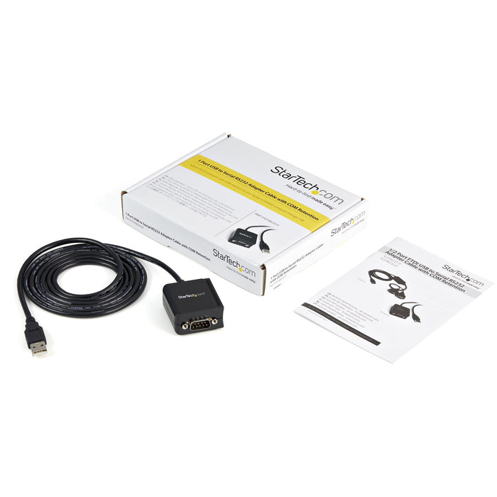 StarTech.com 6ft (1.8m) 1-Port FTDI USB to Serial RS232 Adapter Cable with COM Retention, USB to RS232 Adapter - TAA, DB-9, USB 2.0 A, 0.2 m, Black