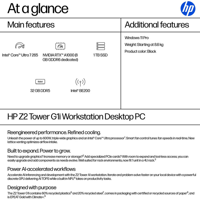 HP Z2 Tower G1i, Intel Core Ultra 7, 265, 32 GB, DDR5-SDRAM, 1 TB, Windows 11 Pro