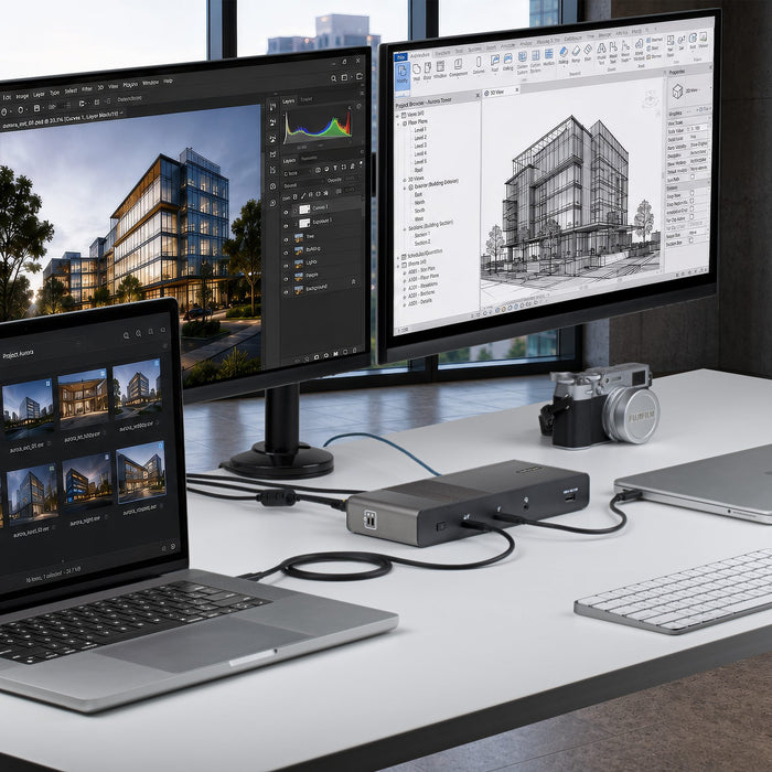 StarTech.com Thunderbolt 5 Universal Docking Station for Mac & Windows with Quad Monitors, 140W Power Delivery, 120Gbps Bandwidth Boost, 2.5Gb Ethernet, USB-C & USB-A Ports, Wired, Thunderbolt 5, 140 W, 3.5 mm, 10,100,1000,2500 Mbit/s, Black, Grey