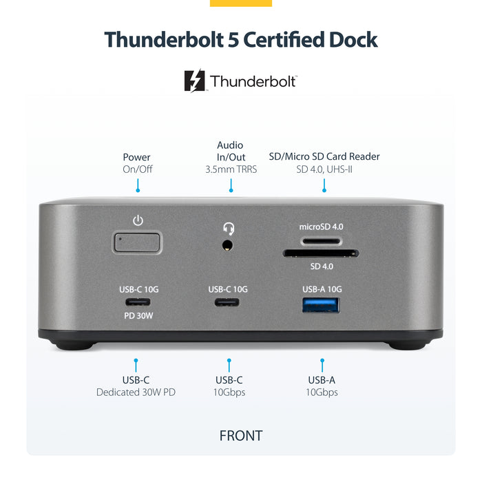 StarTech.com Thunderbolt 5 Universal Docking Station, Multi-Display Hub, 8K 60Hz or 4K 144Hz, 120Gbps Bandwidth Boost, 140W PD, 30W Phone Charging, USB 10Gbps, 2.5G LAN, Wired, Thunderbolt 5, 140 W, 3.5 mm, 10,100,1000,2500 Mbit/s, IEEE 802.3bz