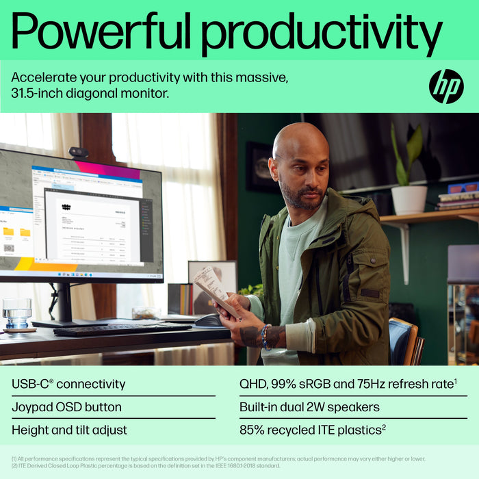 HP P32u G5 QHD USB-C Monitor, 80 cm (31.5"), 2560 x 1440 pixels, Quad HD, LCD, 5 ms, Black