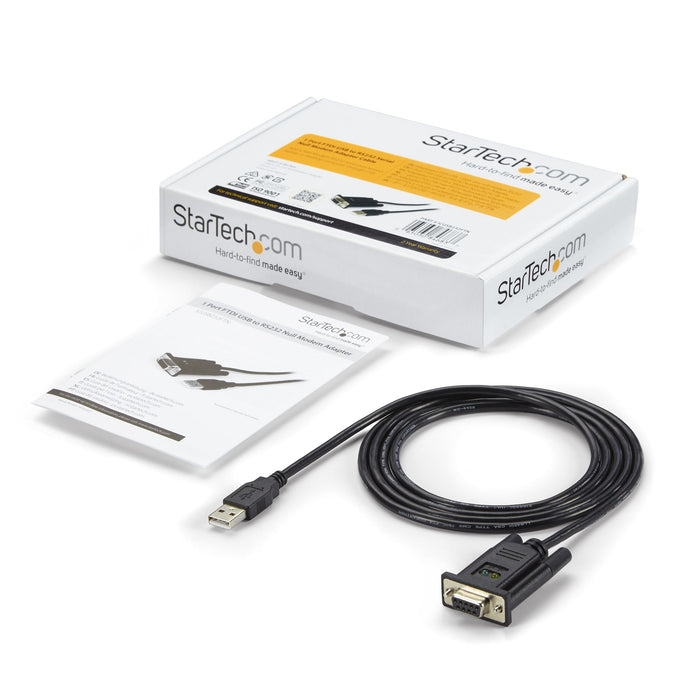 StarTech.com 6ft (1.8m) 1-Port USB to Serial RS232 Adapter, FTDI DB9 Serial DCE Adapter Cable, Null Modem, USB 2.0 - TAA, Black, 1.7 m, USB Type-A, DB-9, Male, Female