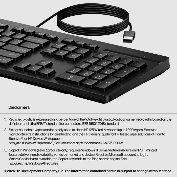 HP 125 Wired Keyboard, Black