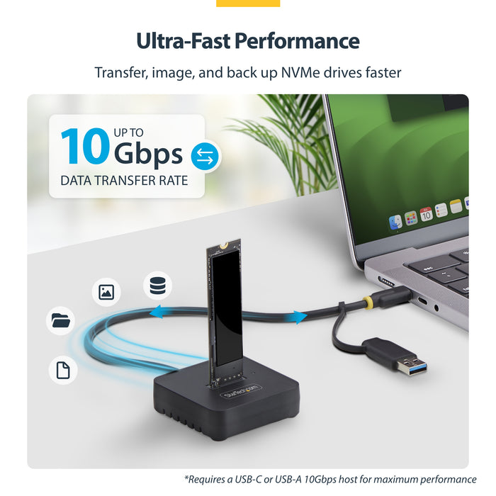 StarTech.com USB-C/USB-A to M.2 NVMe Dock Adapter, 10Gbps, Tool-Free External M.2 NVMe SSD Reader, B+M/M-Key, SSD, M.2, M.2, USB 3.2 Gen 2 (3.1 Gen 2) Type-C, Black, 10 Gbit/s