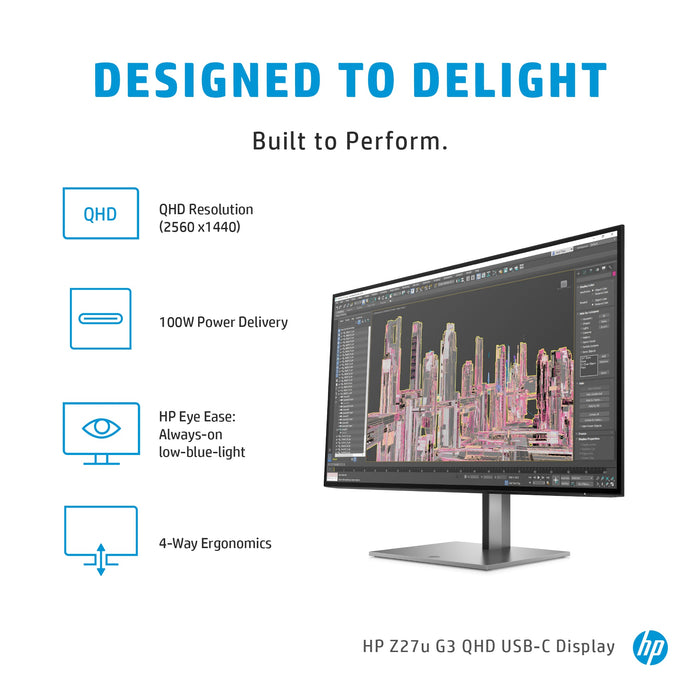 HP Z27u G3 QHD Display, 68.6 cm (27"), 2560 x 1440 pixels, Quad HD, LED, 5 ms, Silver