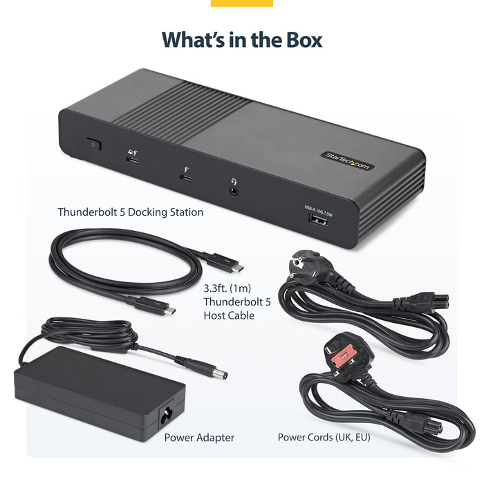 StarTech.com Thunderbolt 5 Universal Docking Station for Mac & Windows with Quad Monitors, 140W Power Delivery, 120Gbps Bandwidth Boost, 2.5Gb Ethernet, USB-C & USB-A Ports, Wired, Thunderbolt 5, 140 W, 3.5 mm, 10,100,1000,2500 Mbit/s, Black, Grey