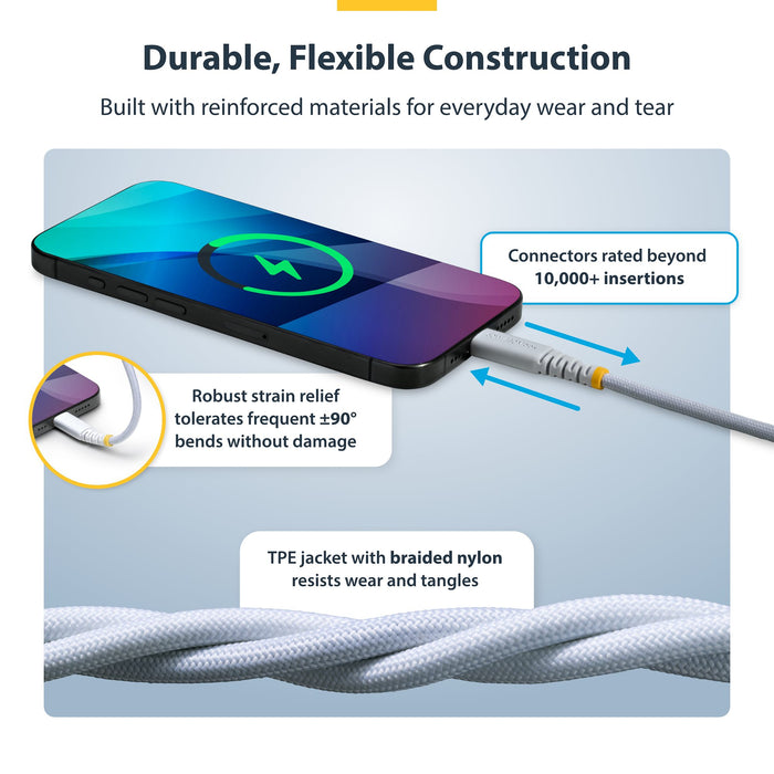 StarTech.com 3m (10ft) White USB-C Charging Cable, 60W (3A) PD, Dual-Layer Braided Nylon/TPE Jacket, Rugged USB C Charging Cord, USB 2.0 Laptop Charger Cable, 3 m, USB C, USB C, USB 2.0, 0.48 Gbit/s, White