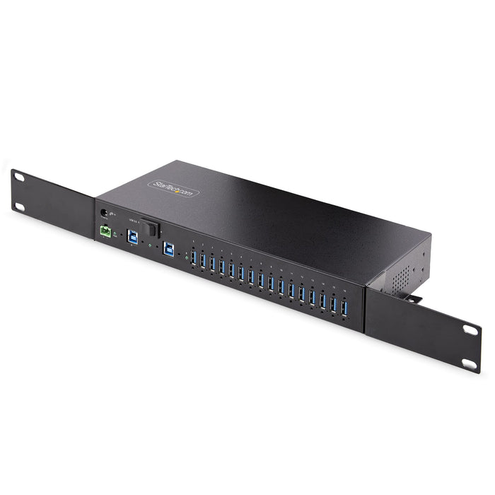StarTech 16-Port Industrial USB 3.0 Hub 5Gbps, Metal, DIN/Surface/Rack Mountable, ESD Protection, Terminal Block Power, up to 120W Shared USB Charging, Dual-Host Hub/Switch , TAA