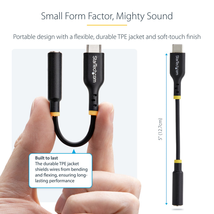 StarTech.com 5in (12.7cm) USB-C to 3.5mm TRRS Headphone/Headset Jack Audio Adapter, USB Type-C Aux Dongle, 32-bit DAC, Supports USB-C/Thunderbolt, Laptop/Phone/Tablet, USB Type-C 2.0, Male, 3.5 mm, Female, 0.127 m, Black