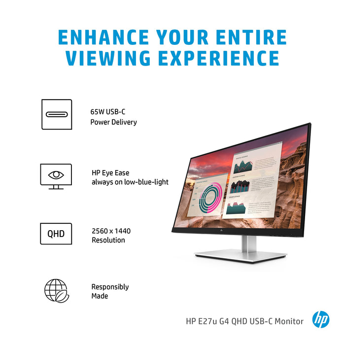 HP E27u G4 QHD USB-C Monitor, 68.6 cm (27"), 2560 x 1440 pixels, Quad HD, LED, 5 ms, Black, Silver