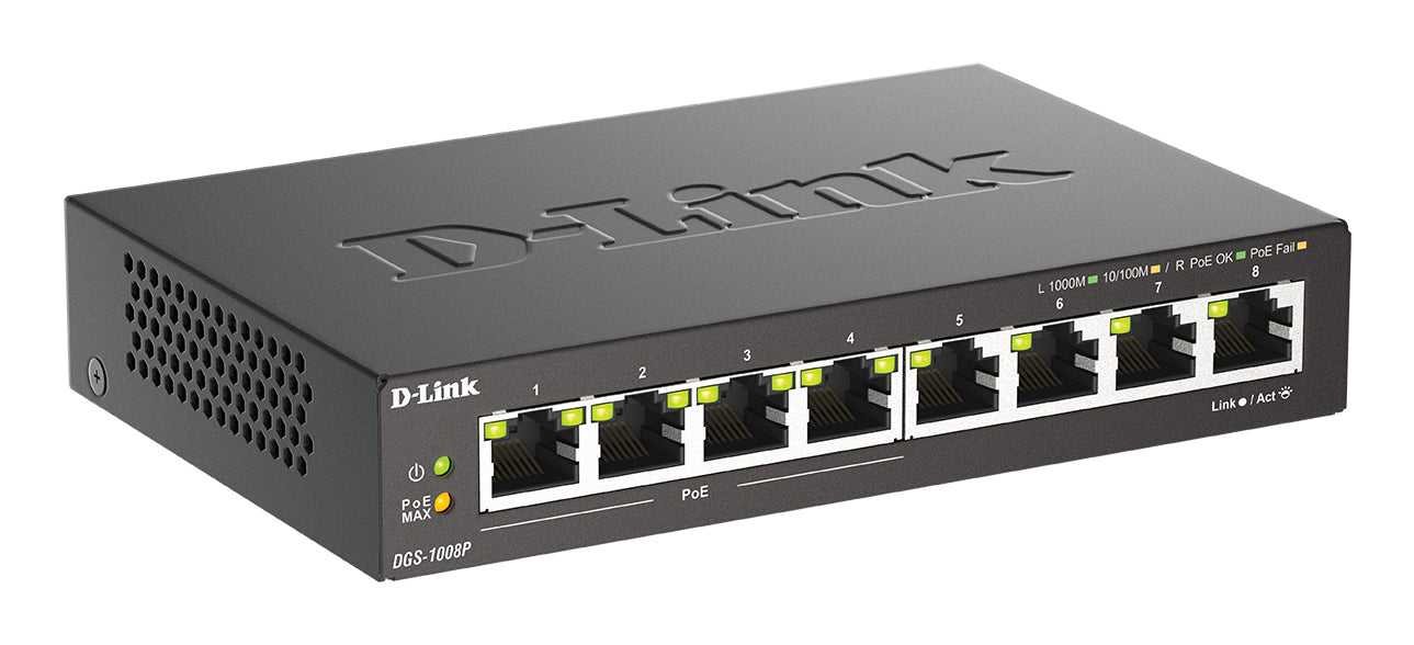 D-Link 8-Port Gigabit PoE Unmanaged Desktop Switch, Unmanaged, L2, Gigabit Ethernet (10/100/1000), Full duplex, Power over Ethernet (PoE), Rack mounting