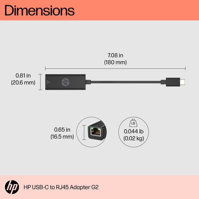 HP USB-C to RJ45 Adapter G2, Wired, USB Type-C, Ethernet, Black