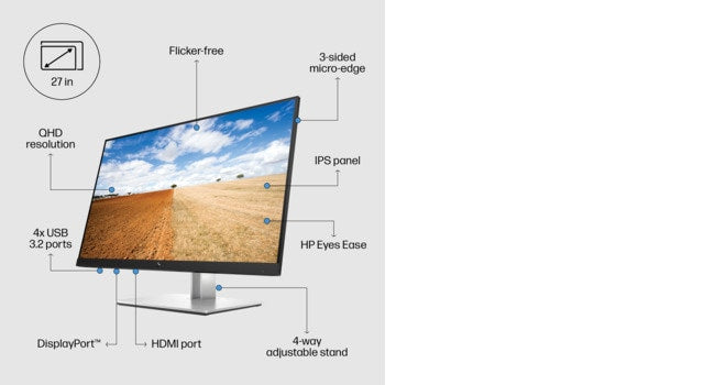 HP E-Series E27q G4 QHD Monitor, 68.6 cm (27"), 2560 x 1440 pixels, Quad HD, 5 ms, Black
