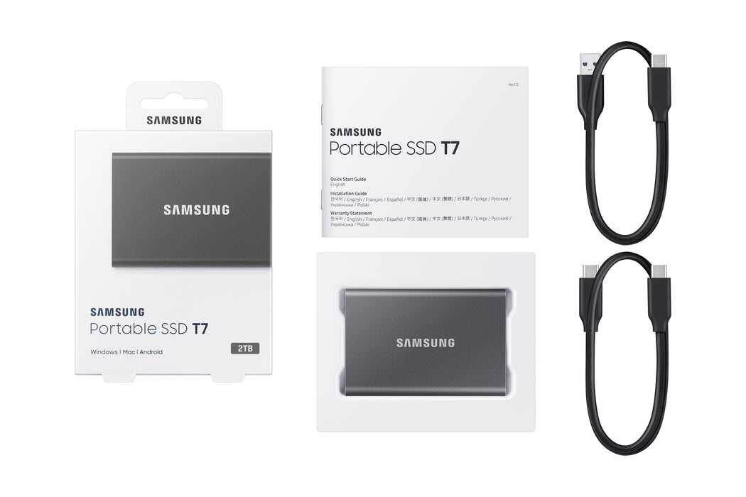 Samsung Portable SSD T7, 2 TB, USB Type-C, 3.2 Gen 2 (3.1 Gen 2), 1050 MB/s, Password protection, Grey