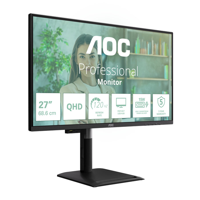 AOC Q27P4U, 68.6 cm (27"), 2560 x 1440 pixels, Wide Quad HD, 4 ms, Black