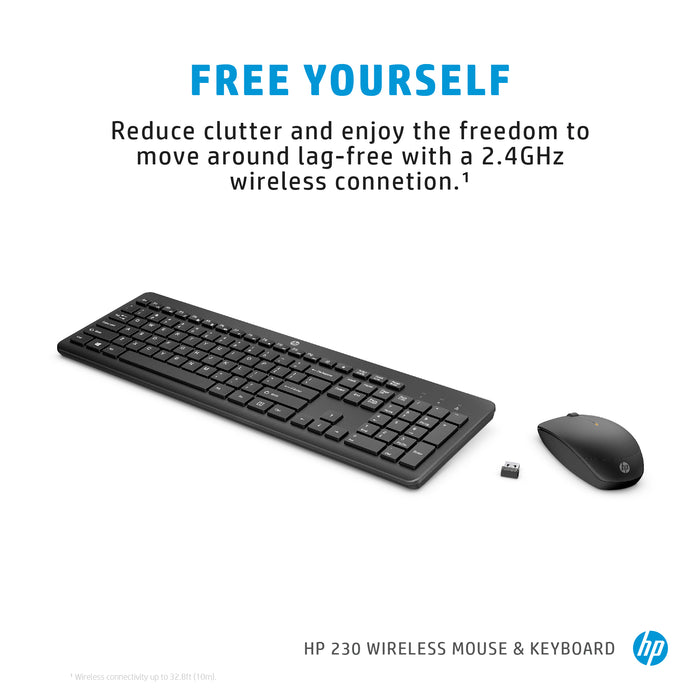 HP 230 Wireless Mouse and Keyboard Combo, Full-size, Wireless, RF Wireless, Membrane, Black, Mouse included
