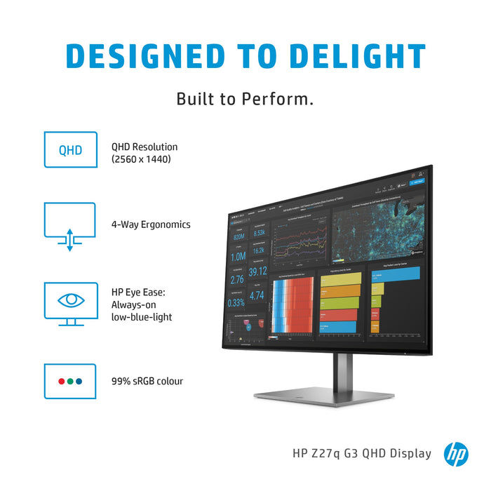 HP Z27q G3 QHD Display, 68.6 cm (27"), 2560 x 1440 pixels, Quad HD, LED, 5 ms, Silver