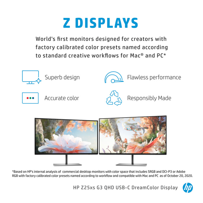 HP Z25xs G3 QHD USB-C DreamColor Display, 63.5 cm (25"), 2560 x 1440 pixels, Quad HD, 14 ms, Black