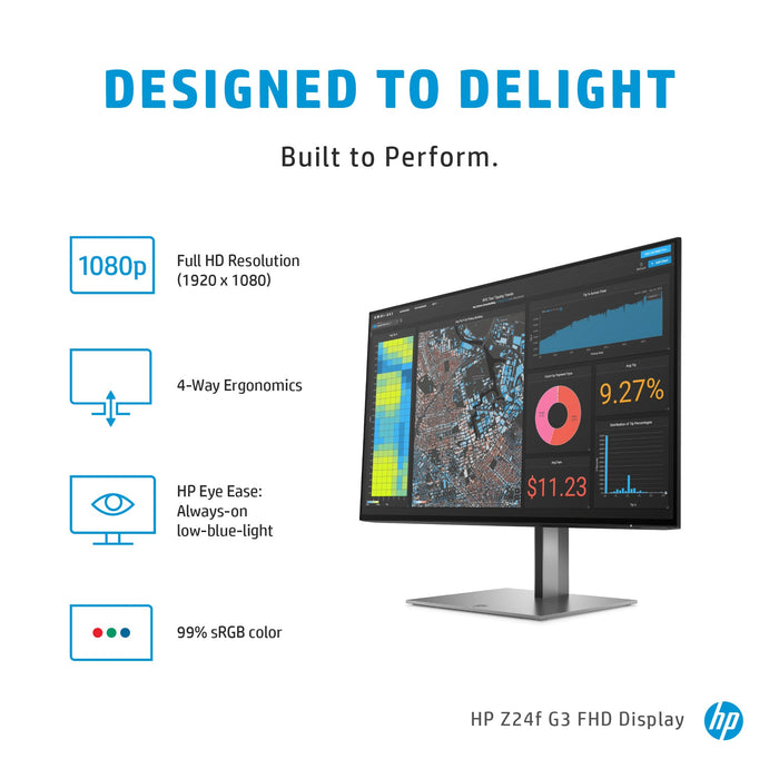 HP Z24f G3 FHD Display, 60.5 cm (23.8"), 1920 x 1080 pixels, Full HD, LED, 5 ms, Silver