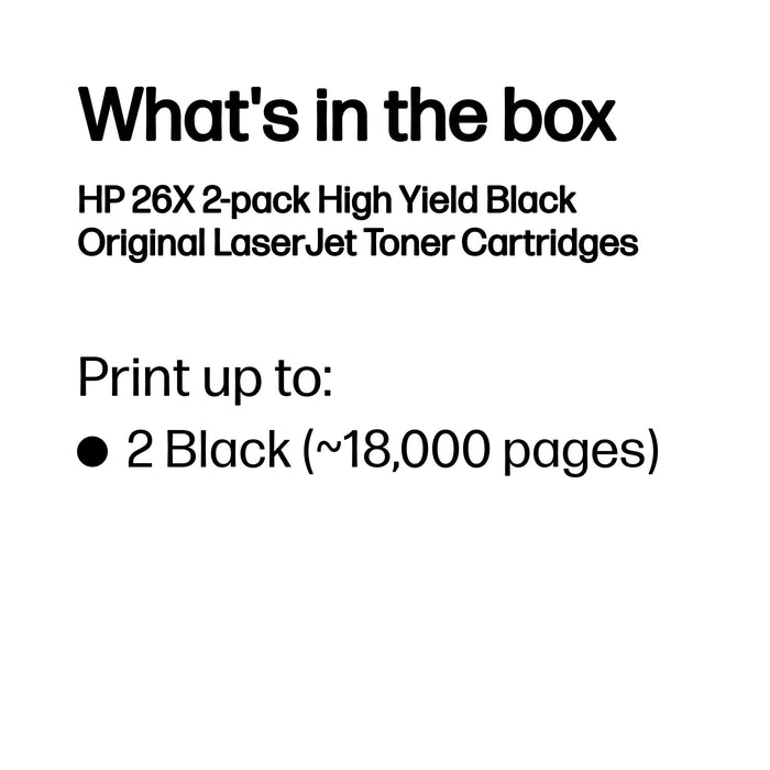 HP 26X 2-pack High Yield Black Original LaserJet Toner Cartridges, 18000 pages, Black, 2 pc(s)