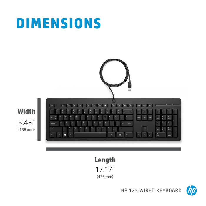 HP 125 Wired Keyboard, Full-size (100%), Wired, USB, Membrane, Black