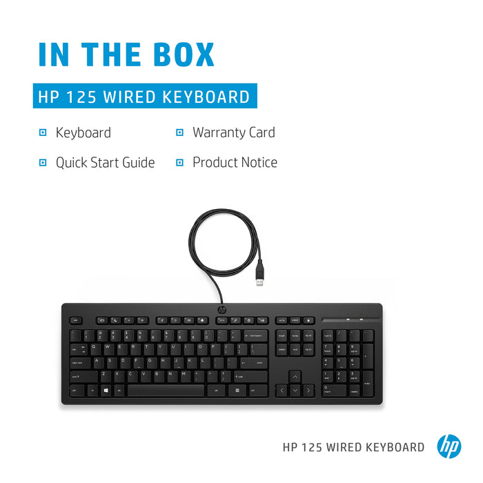 HP 125 Wired Keyboard, Full-size (100%), Wired, USB, Membrane, Black