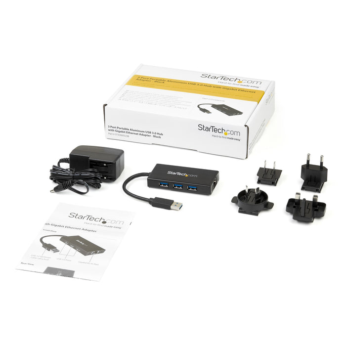 StarTech.com 3-Port Portable USB 3.0 Hub plus Gigabit Ethernet - 5Gbps - Aluminum with Built-in Cable - TAA, Wired, USB, Ethernet, 5000 Mbit/s, Black