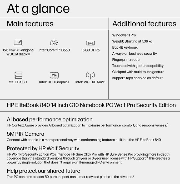 HP EliteBook 840 G10, Intel® Core™ i7, 35.6 cm (14"), 1920 x 1200 pixels, 16 GB, 512 GB, Windows 11 Pro