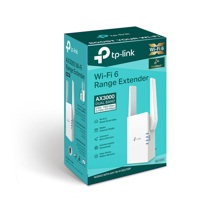 TP-Link RE705X, Network transmitter & receiver, 1000 Mbit/s, External, IEEE 802.11a, IEEE 802.11ax, IEEE 802.11g, 802.11a, 802.11b, 802.11g, Wi-Fi 4 (802.11n), Wi-Fi 5 (802.11ac), Wi-Fi 6 (802.11ax), 2400 Mbit/s