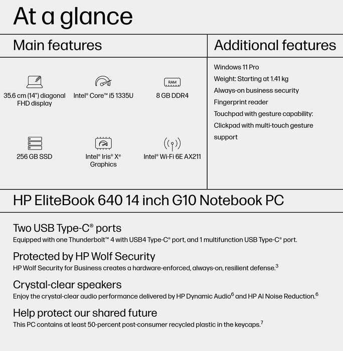 HP EliteBook 640 14 G10, Intel® Core™ i5, 1.3 GHz, 35.6 cm (14"), 1920 x 1080 pixels, 8 GB, 256 GB