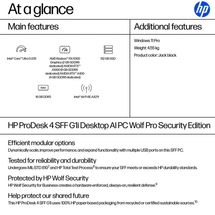 HP ProDesk 4 SFF G1i AI Wolf Pro Security Edition, Intel Core Ultra 5, 235, 16 GB, DDR5-SDRAM, 512 GB, Windows 11 Pro
