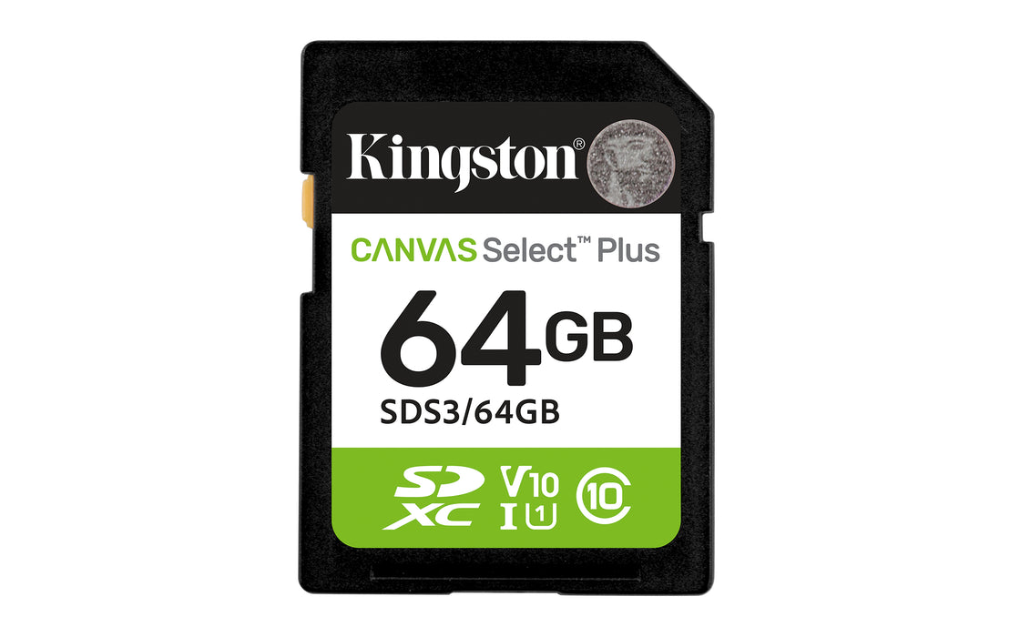 Kingston Technology 64GB SDXC Canvas Select Plus Gen3 100MB/s C10 UHS-I U1 V10, 64 GB, SD, Class 10, UHS-I, 100 MB/s, Class 1 (U1)