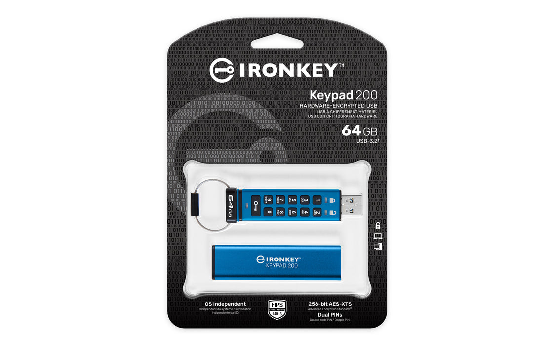 Kingston Technology IronKey 64GB Keypad 200, FIPS 140-3 Lvl 3 AES-256 Hardware Encrypted, 64 GB, USB Type-A, 3.2 Gen 1 (3.1 Gen 1), 145 MB/s, Sleeve, Blue