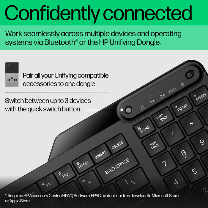 HP 475 Dual-Mode Wireless Keyboard, Full-size (100%), Wireless, RF Wireless + Bluetooth, Membrane, Black