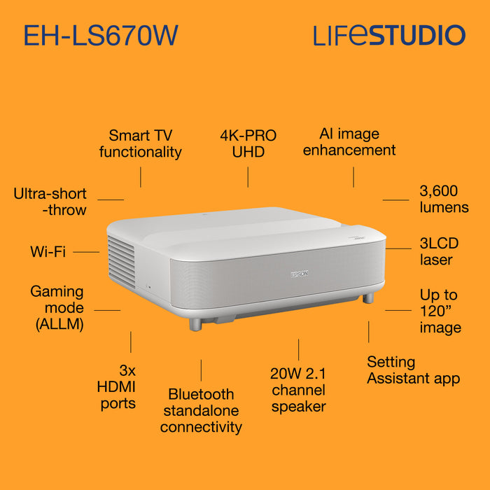 Epson Lifestudio Grand EH-LS670W - White Diamond, 3600 ANSI lumens, 3LCD, UHD 4K (3840x2160), 5000000:1, 16:9, 1524 - 3048 mm (60 - 120")