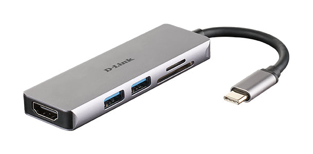 D-Link 5-in-1 USB-C Hub with HDMI and SD/microSD Card Reader, Wired, USB 3.2 Gen 1 (3.1 Gen 1) Type-C, Aluminium, MicroSD (TransFlash), SD, SDHC, SDXC, 5 Gbit/s, 4K Ultra HD