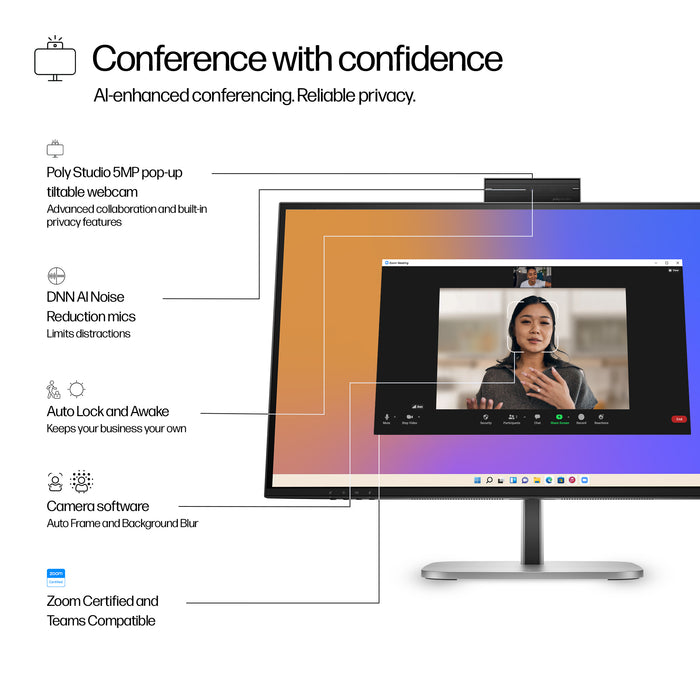 HP Series 5 Pro 27 inch QHD USB-C Conferencing Monitor - 527pm, 68.6 cm (27"), 2560 x 1440 pixels, Quad HD, LCD, 5 ms, Black