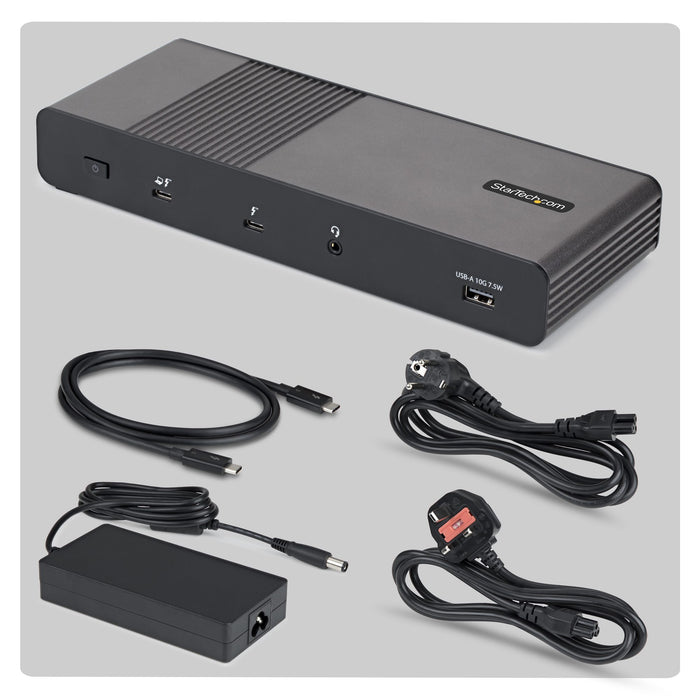 StarTech.com Thunderbolt 5 Universal Docking Station for Mac & Windows with Quad Monitors, 140W Power Delivery, 120Gbps Bandwidth Boost, 2.5Gb Ethernet, USB-C & USB-A Ports, Wired, Thunderbolt 5, 140 W, 3.5 mm, 10,100,1000,2500 Mbit/s, Black, Grey