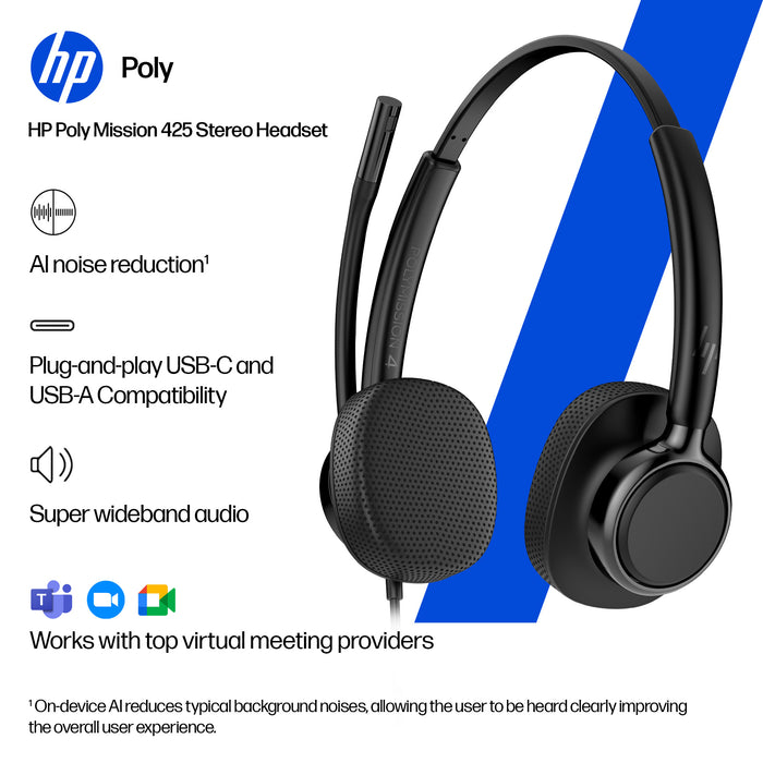 HP Poly Mission 425 Stereo USB Wired Headset (Bulk), Wired, 132 g, Headset, Black