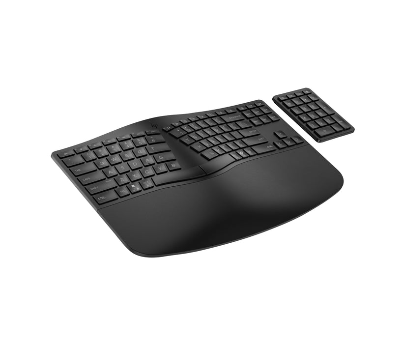 HP 965 Ergonomic Wireless Keyboard, Full-size (100%), Wireless, RF Wireless + Bluetooth, Membrane, Black