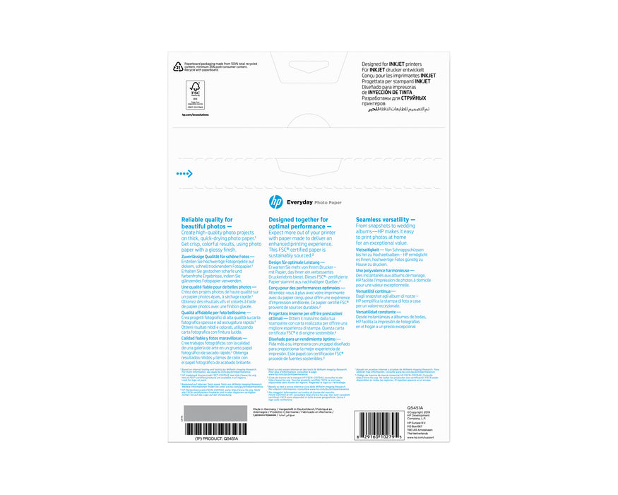 HP Everyday Photo Paper, Glossy, 200 g/m2, A4 (210 x 297 mm), 25 sheets, Gloss, Inkjet, 21x29.7 cm, Works with inkjet printers, optimized for Original HP Ink, Business, Enterprise, 15 - 30 °C