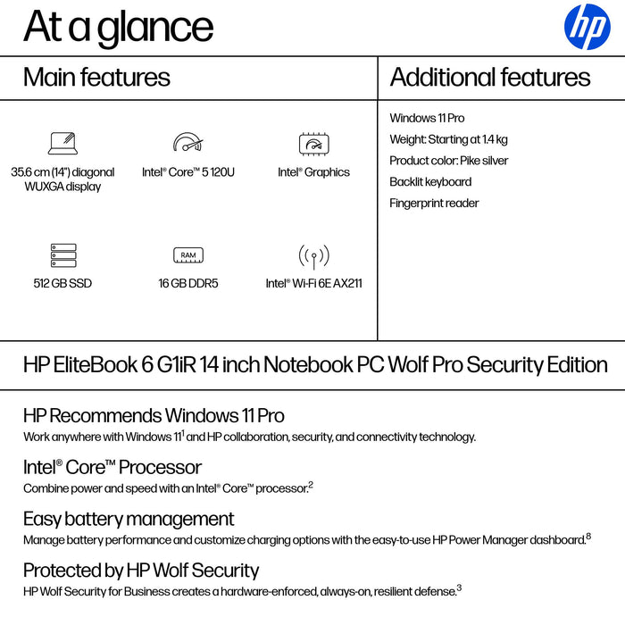 HP EliteBook 6 G1iR Wolf Pro Security Edition, Intel Core 5, 35.6 cm (14"), 1920 x 1200 pixels, 16 GB, 512 GB, Windows 11 Pro