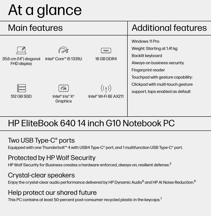 HP EliteBook 640 14 G10, Intel® Core™ i5, 1.3 GHz, 35.6 cm (14"), 1920 x 1080 pixels, 16 GB, 512 GB